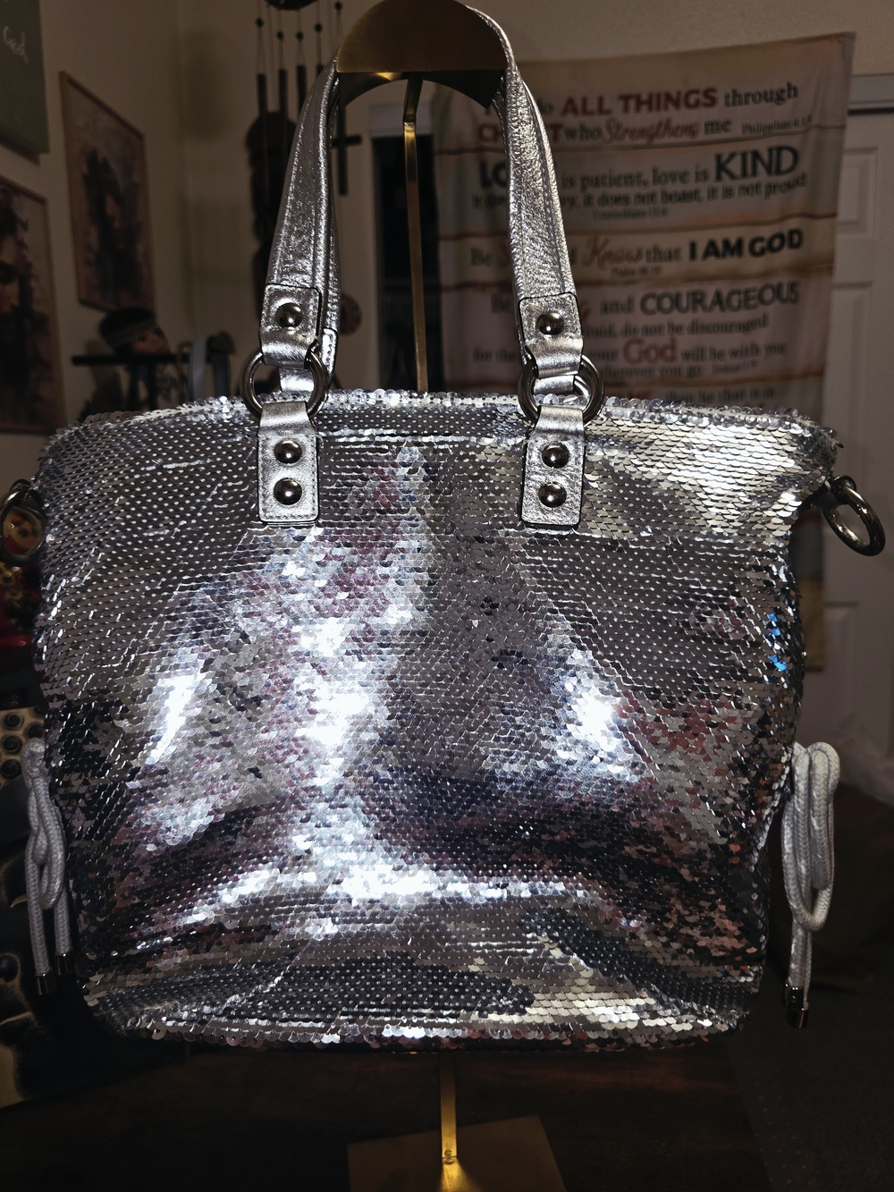 Coach Poppy Silver Sequin Spotlight Tote Bag - Picture 7 of 10